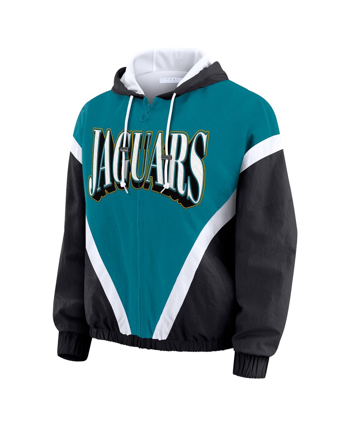 Wear By Erin Andrews Women's Teal/black Jacksonville Jaguars Retro Crinkle Full-zip Hoodie Windbreaker Jacket In Blue