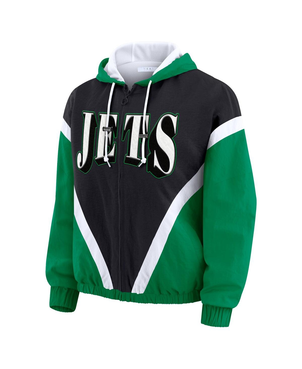 Wear By Erin Andrews Women's Kelly Green/black New York Jets Retro Crinkle Full-zip Hoodie Windbreaker Jacket In Multi