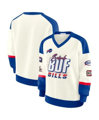 WEAR by Erin Andrews - Women's Cream Buffalo Bills Racing Crew V-Neck Sweatshirt