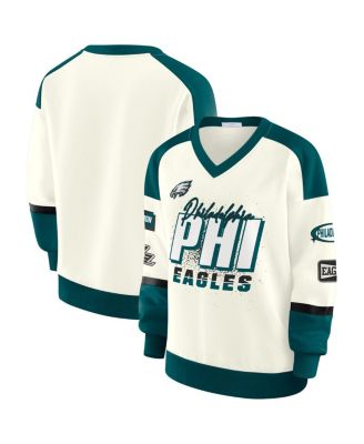 WEAR by Erin Andrews - Women's Cream Philadelphia Eagles Racing Crew V-Neck Sweatshirt