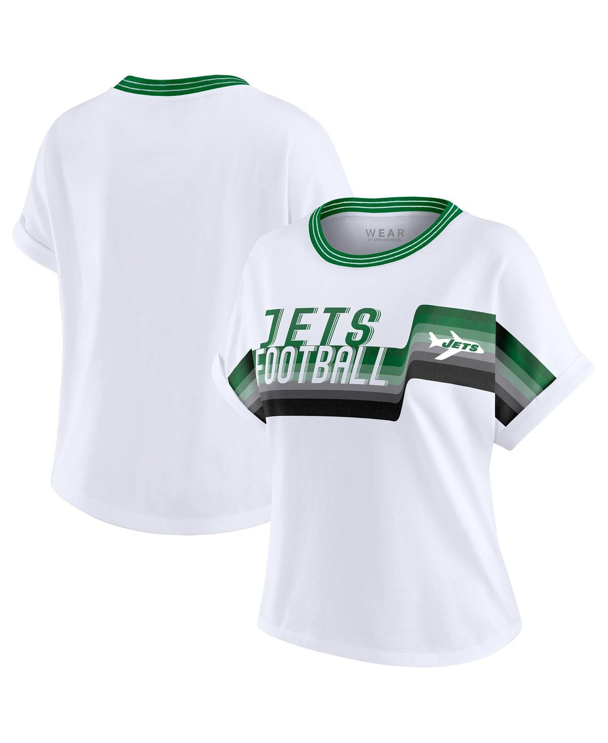 Wear By Erin Andrews Women's White New York Jets Cropped Center Stripe Dolman T-shirt In White