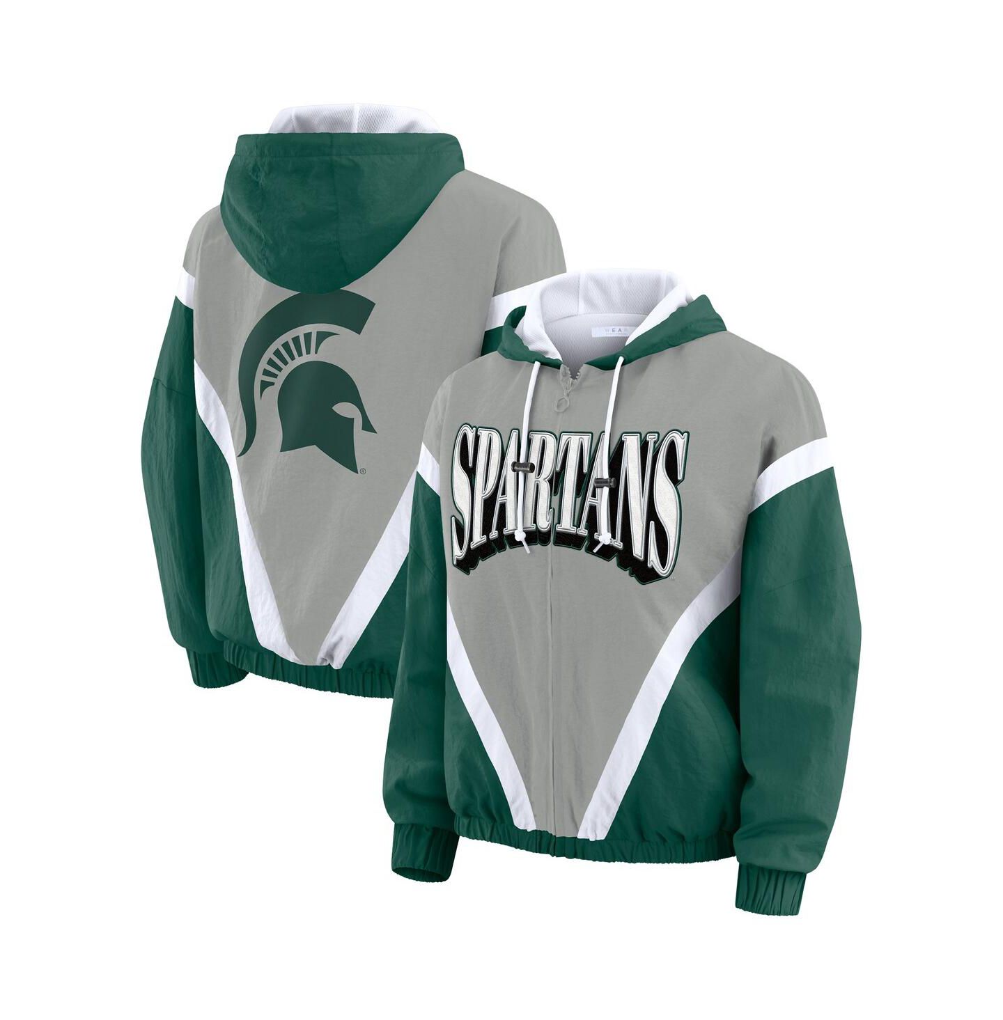 Женские худи WEAR by Erin Andrews Green/Gray Michigan State Spartans Color Block Full-Zip Windbreaker Jacket — фото 1