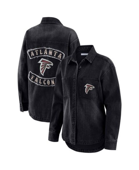 Женские куртки WEAR by Erin Andrews Women's Black Atlanta Falcons Washed Oversized Denim Full-Snap Shacket