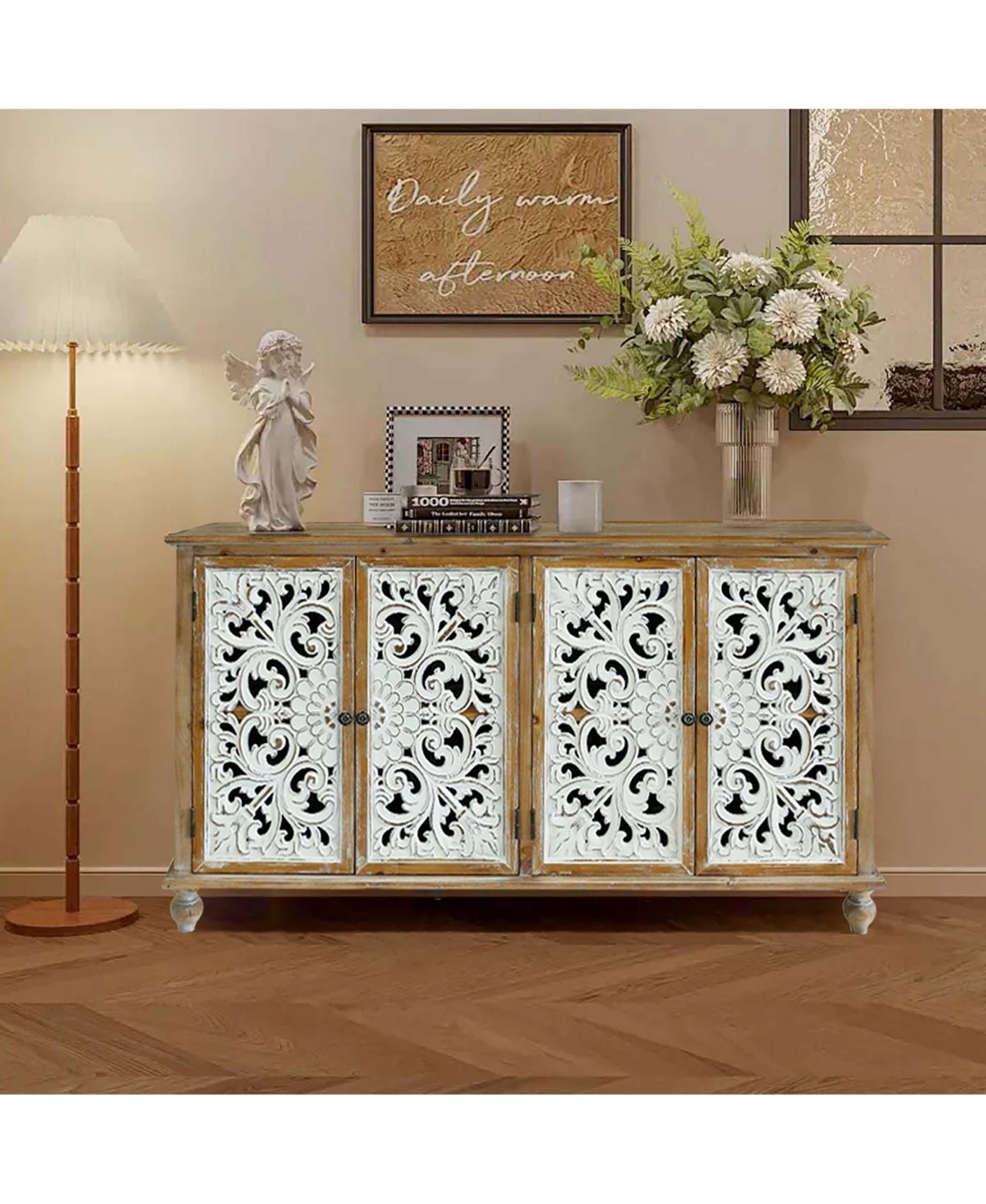 Lovmor Brand 4-Door Fir Wood & Mdf Distressed Finish, Hollow-Carved Doors + Accent Cabinet