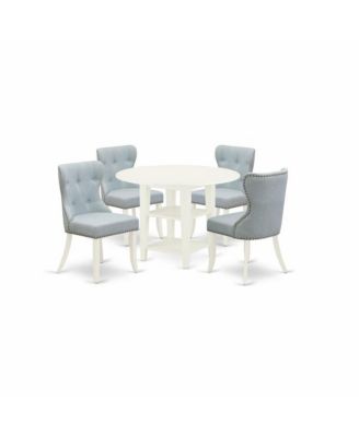 dinette set of 4 wonderful parson dining chairs with Linen Fabric Baby Blue color and a stunning wood kitchen table