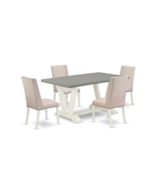 East West 5-Pc Rubberwood Cement-Top Table Set with Linen Fabric Nailhead Chairs