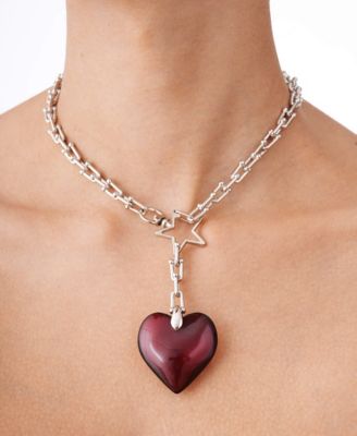 Steel Chain Necklace With Acrylic Red Heart Charm 16"