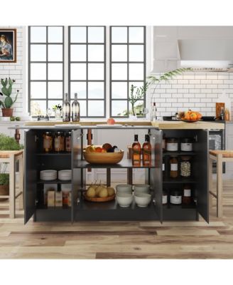 Kitchen island with 8 doors, island storage table with dining table, coffee station and microwave rack for home, dining room