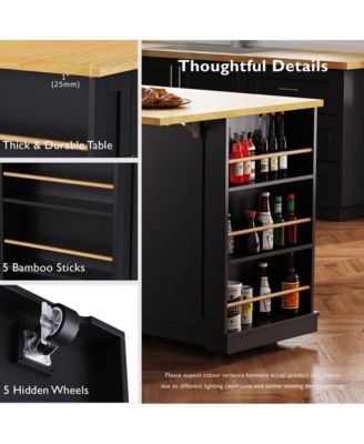 48'' Farmhouse-Style White Kitchen Island Cart with Foldable Countertop, Power Strip, 5 Side Racks, and Drawers