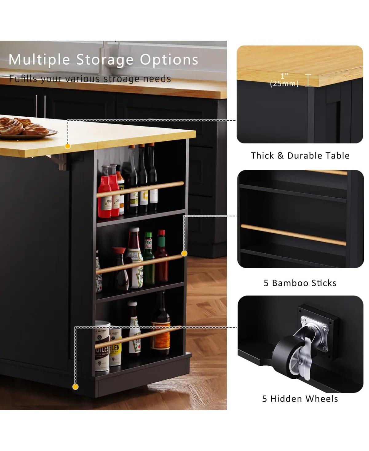 Maison Boucle 50" Black Kitchen Island Cart with Drop Leaf, Power Outlet & Storage Shelves, Rolling Cabinet Wheels-Maison