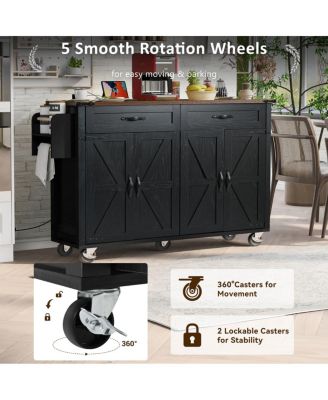 47.2" Farmhouse Rolling Kitchen Island Cart with Drop Leaf, Power Outlet, Spice Rack, Drawers & Storage Cabinet