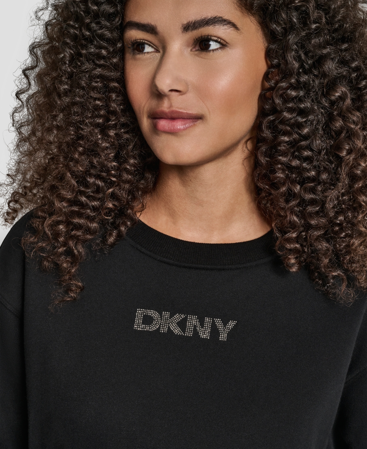 Dkny Women's Rhinestone Logo Long Line Crewneck Sweatshirt In Black