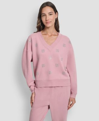 DKNY - Women's Allover Stack Rhinestone V-Neck Sweatshirt