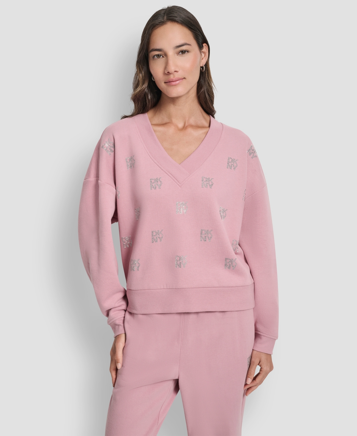 Dkny Women's Allover Stack Rhinestone V-Neck Sweatshirt