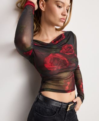 Women's Mesh Ruched Asymmetric Top, Regular and Plus Size