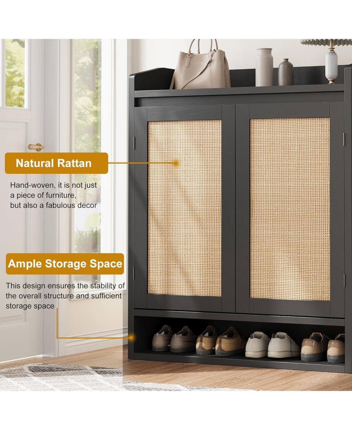 Rattan Shoe Cabinet with 2 Doors, Wooden Shoe Storage Organizer with Adjustable Shelves, 5-Tier Shoe Storage Cabinet for Entryway, Hallway, Closet, Li