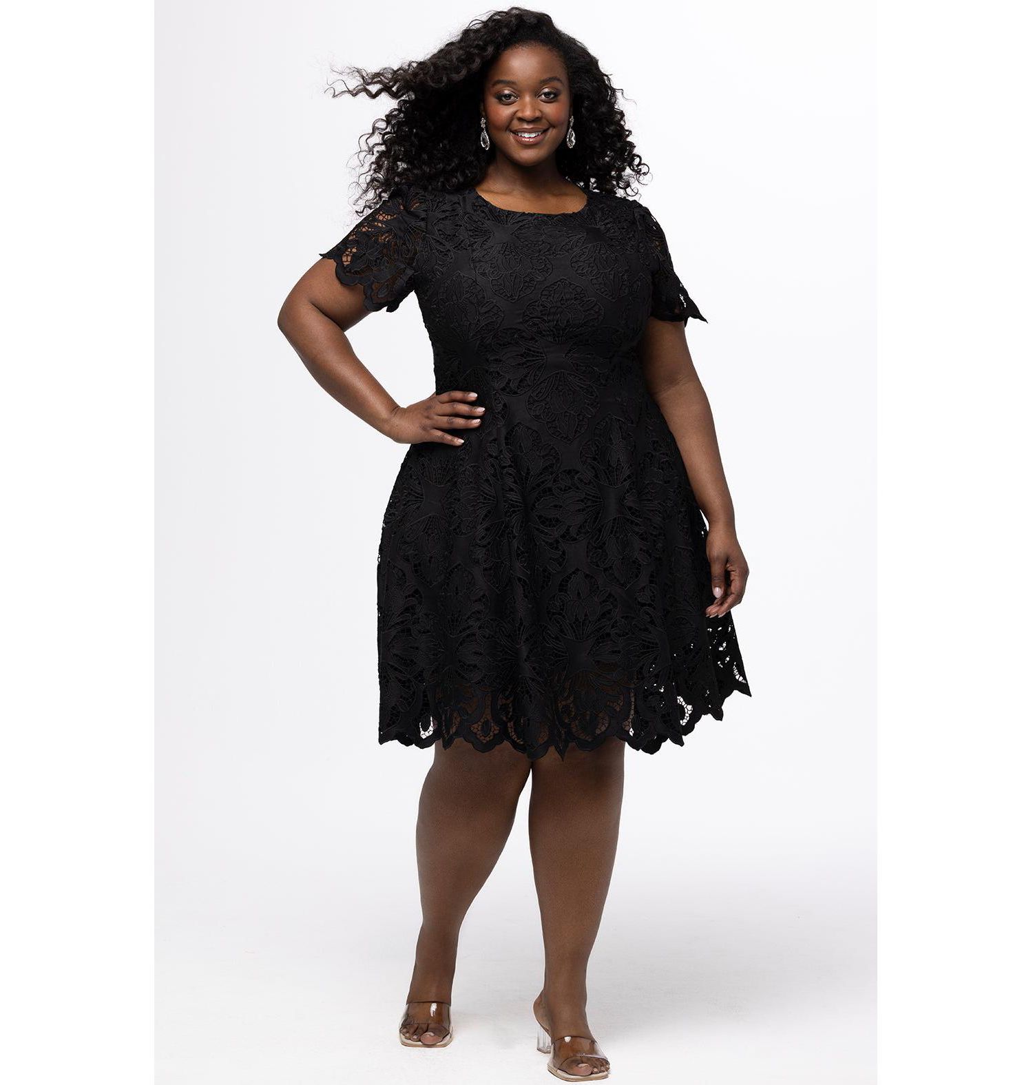 Women's Lace Little Black Party Dress with Cap Sleeve