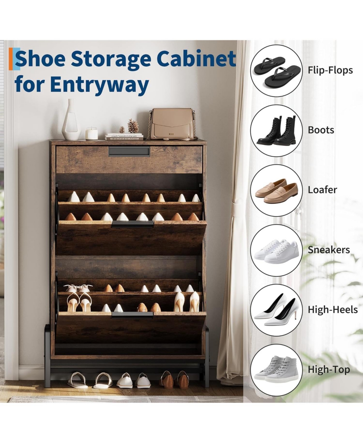 Shoe Storage Organizer with 2 Flip Drawers and 1 Drawer, Freestanding Narrow Shoe Rack, Shoe Storage Organizer with 3-Tier Adjustable Shelves for Entr