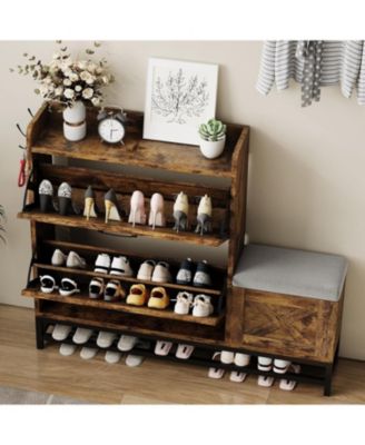 Shoe Cabinet with 2 Flip-Drawers &amp; Storage Bench, Farmhouse Wood Freestanding Shoe Rack with 2 Hooks &amp; Bottom Shelf for Entryway