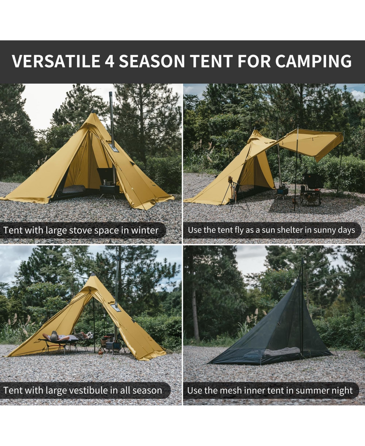 Naturehike Ranch Fire Teepee Tent, 4 Season Hot Tent with Stove Jack, Windproof Waterproof Cold Weather Winter Tents for Camping