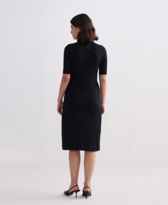 Women's High Crew Neck Elbow Sleeves Fitted Dress in Black