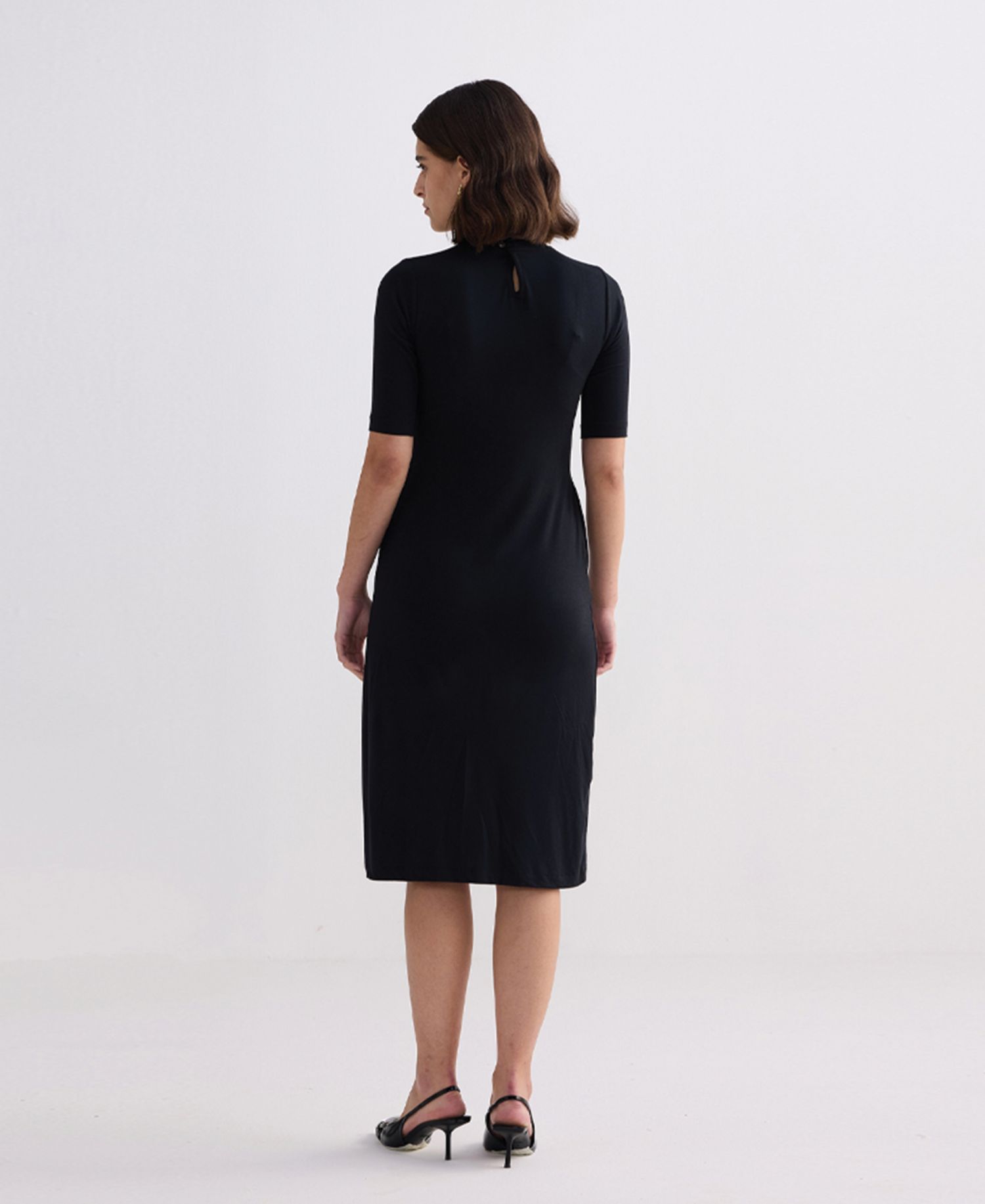 Women's High Crew Neck Elbow Sleeves Fitted Dress in Black