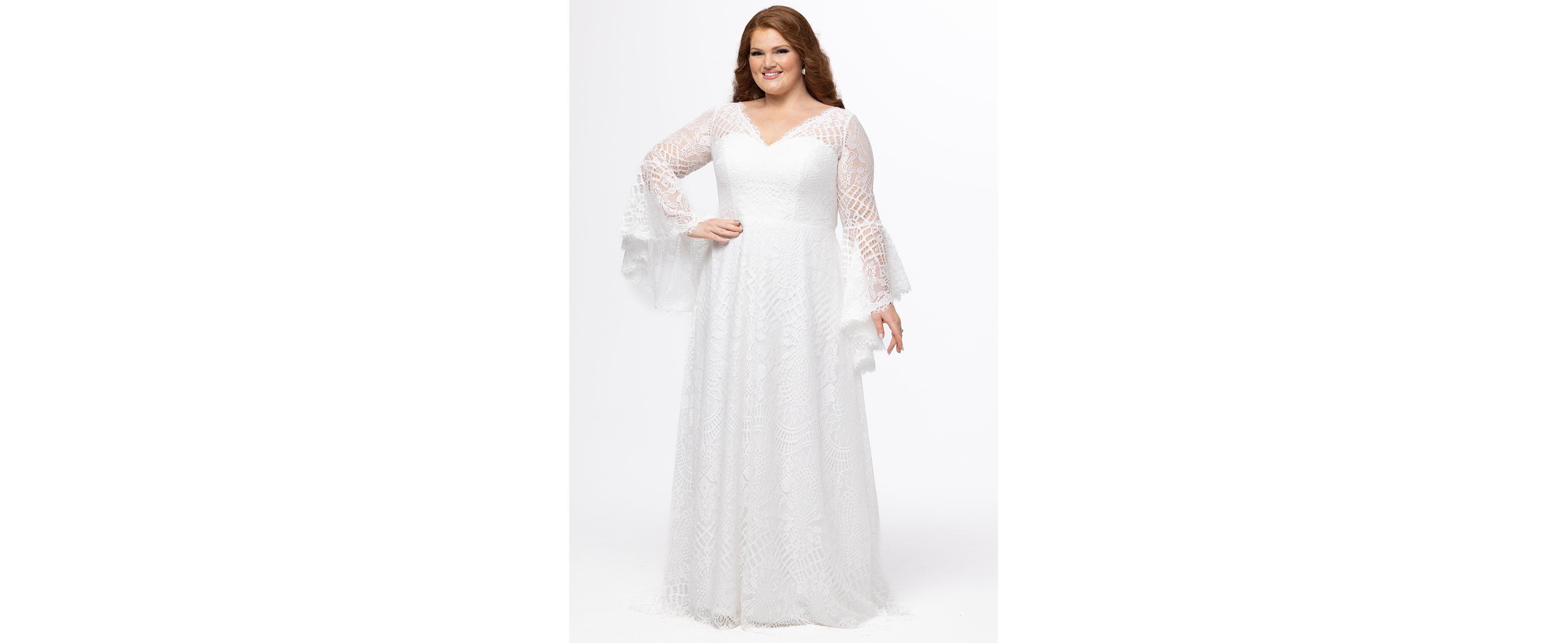 Celebrations by Sydney's Closet Women's Boho Wedding Dress with Crochet Lace & Bell Sleeves