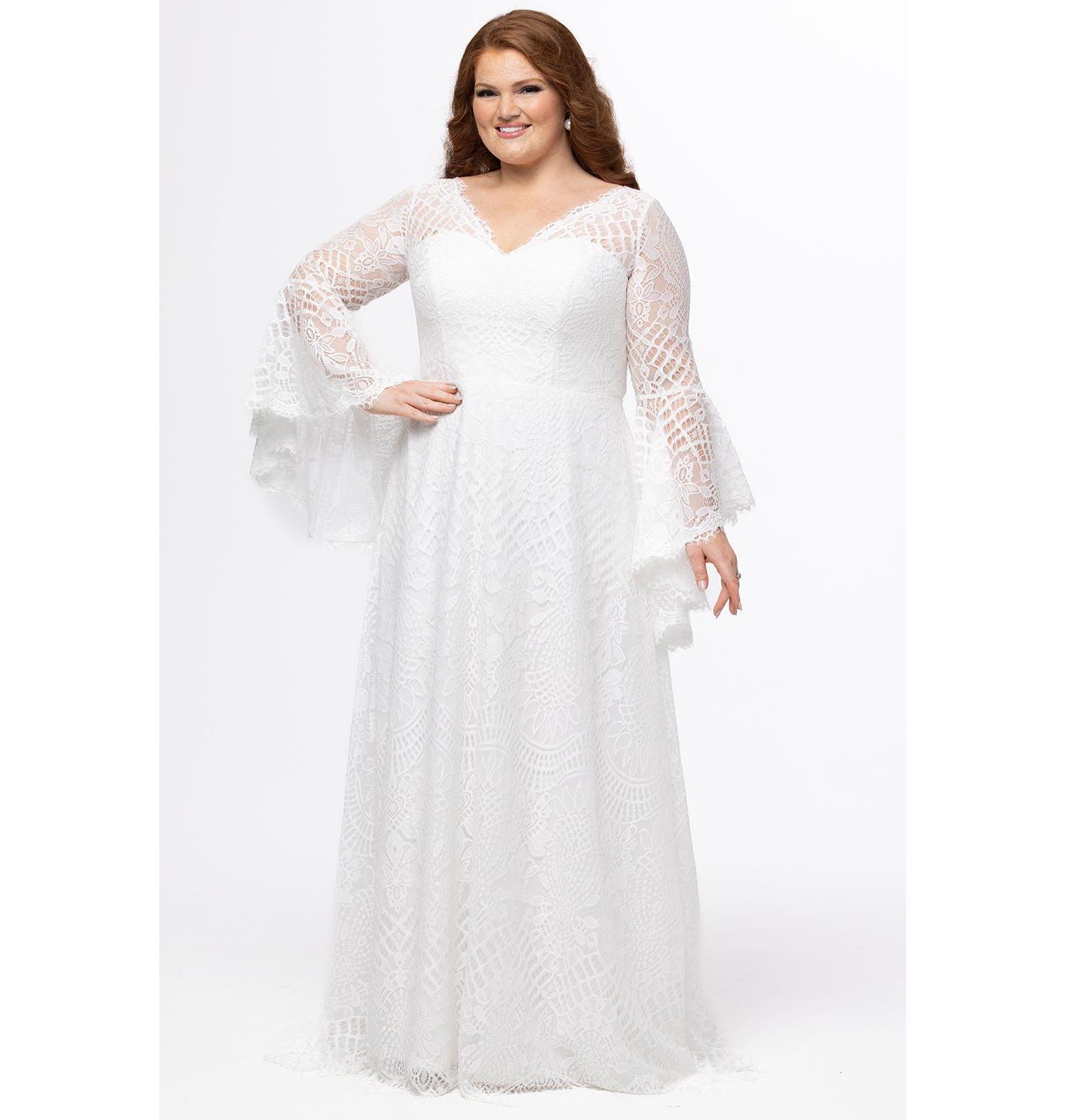 Women's Boho Lace Wedding Dress with Bell Sleeves
