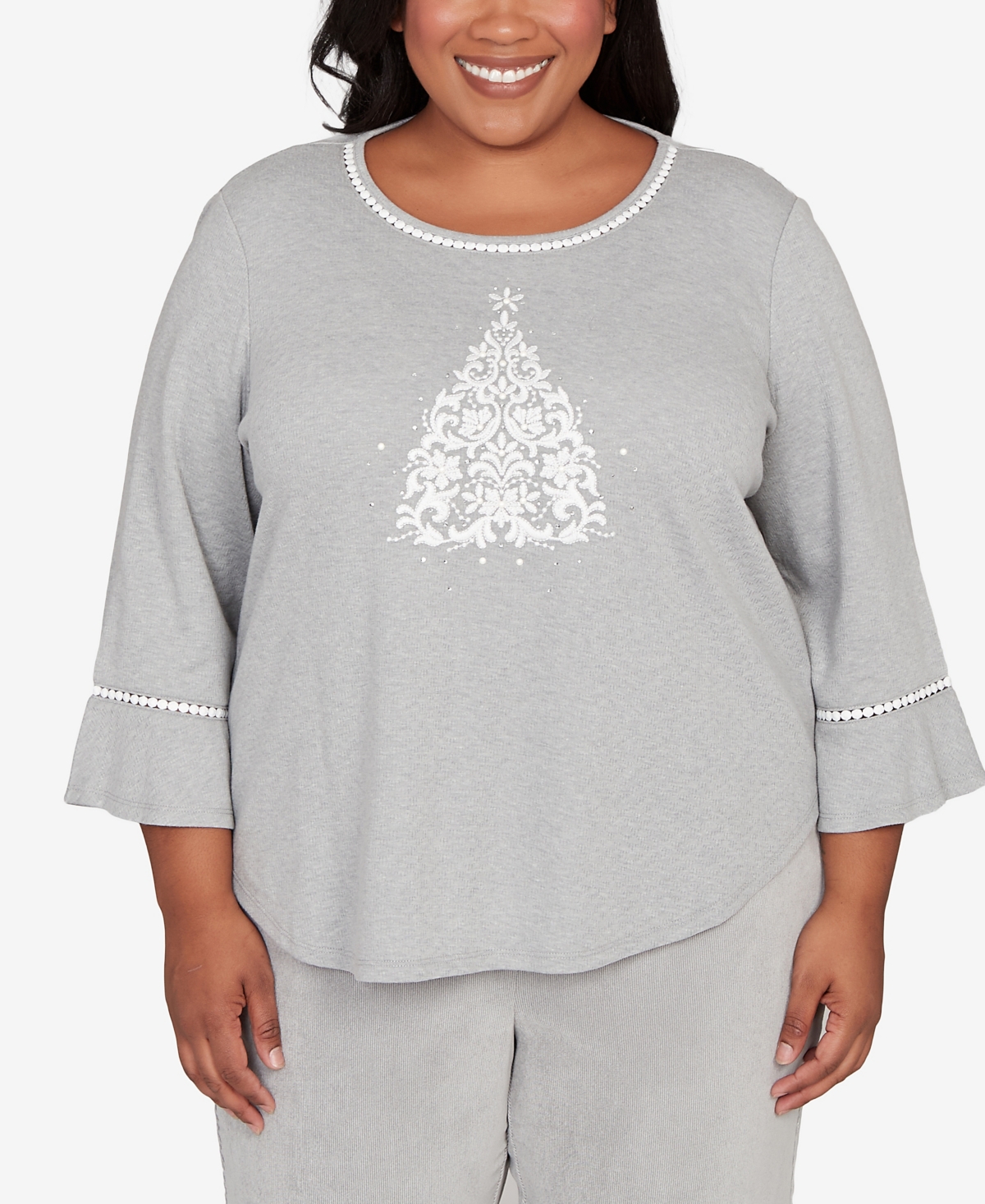 Alfred Dunner Plus Size Stockbridge Christmas Tree Embellished Knit Top In Gray