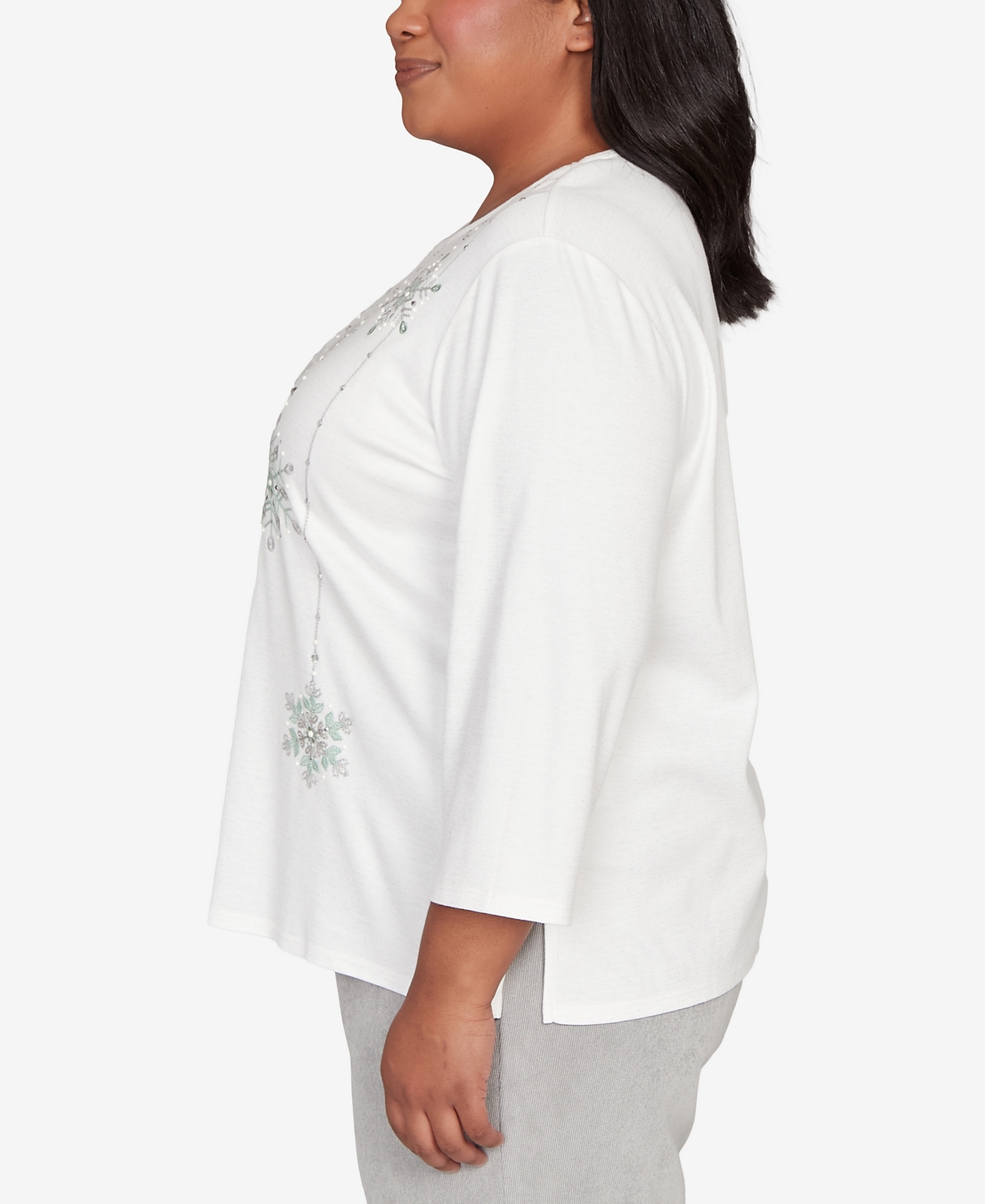 Alfred Dunner Plus Size Stockbridge Snowflake Crew Neck Top In White