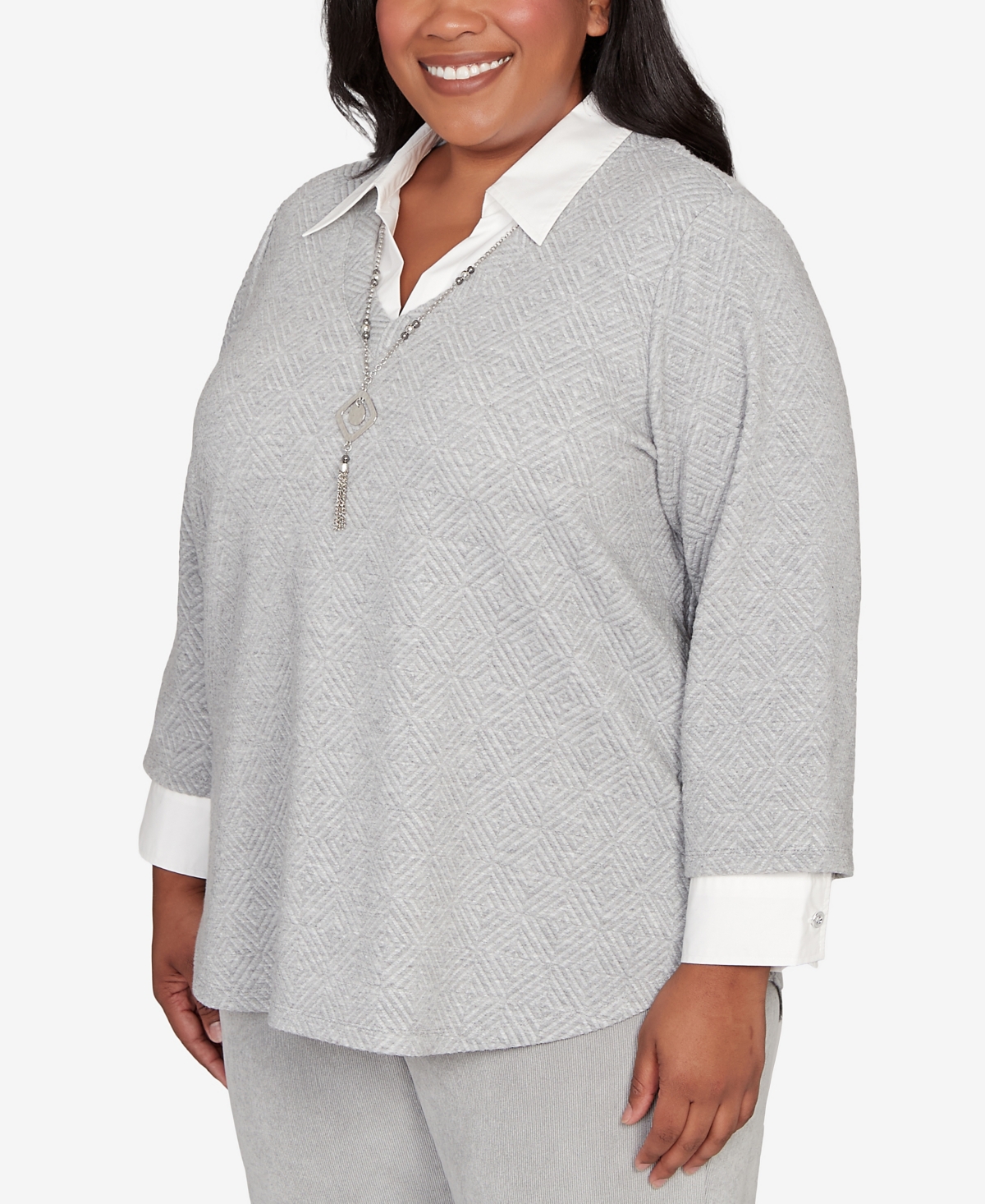 Alfred Dunner Plus Size Stockbridge Diamond Jacquard Two In One Top With Necklace In Gray