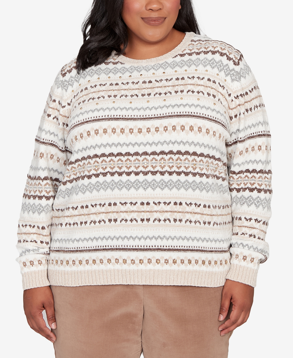Alfred Dunner Plus Size Vienna Geometric Biadere Striped Chenille Sweater In Brown