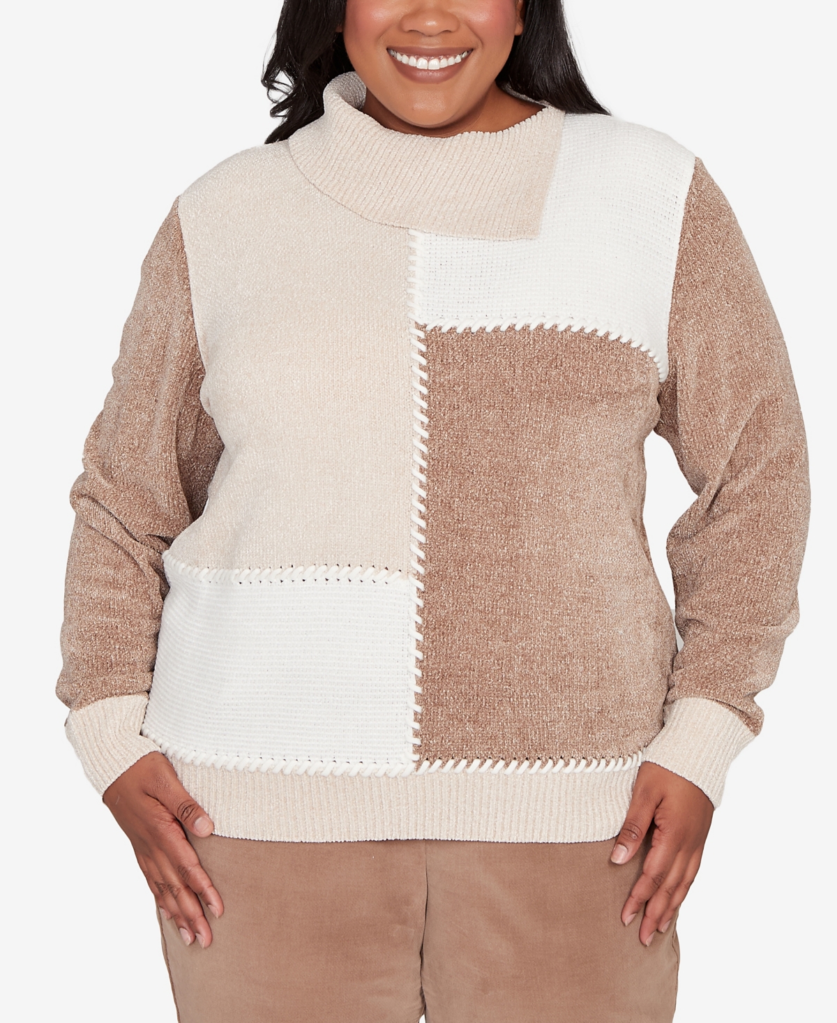 Alfred Dunner Plus Size Vienna Neutral Tones Colorblock Sweater In Brown