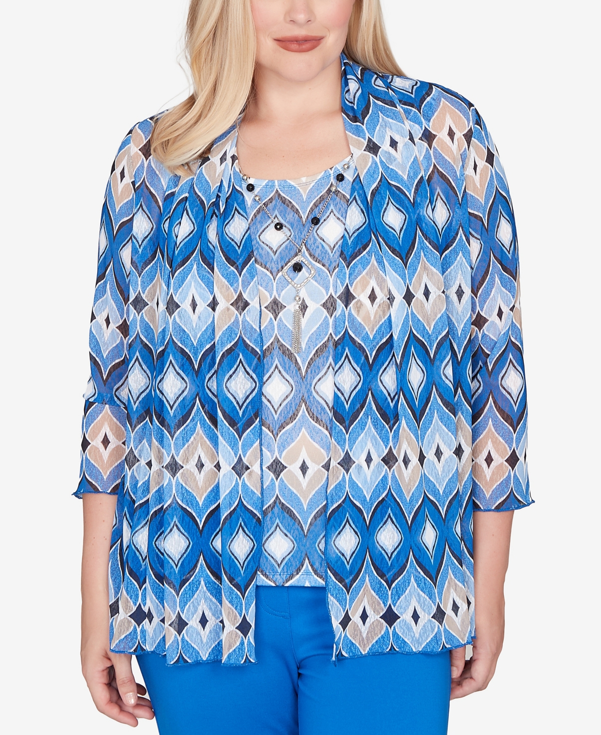 Alfred Dunner Plus Size Barcelona Geometric Mesh 2-in-1 Top With Necklace In Blue