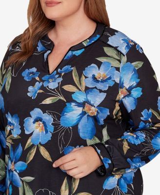 Plus Size Barcelona Watercolor Floral Velvet Trim Top