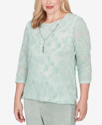 Plus Size Stockbridge Floral Velvet Soutache Mesh Top With Necklace