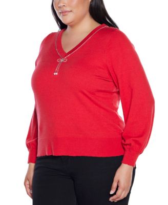 Plus Size  V-Neck Rhinestone-Bow Sweater