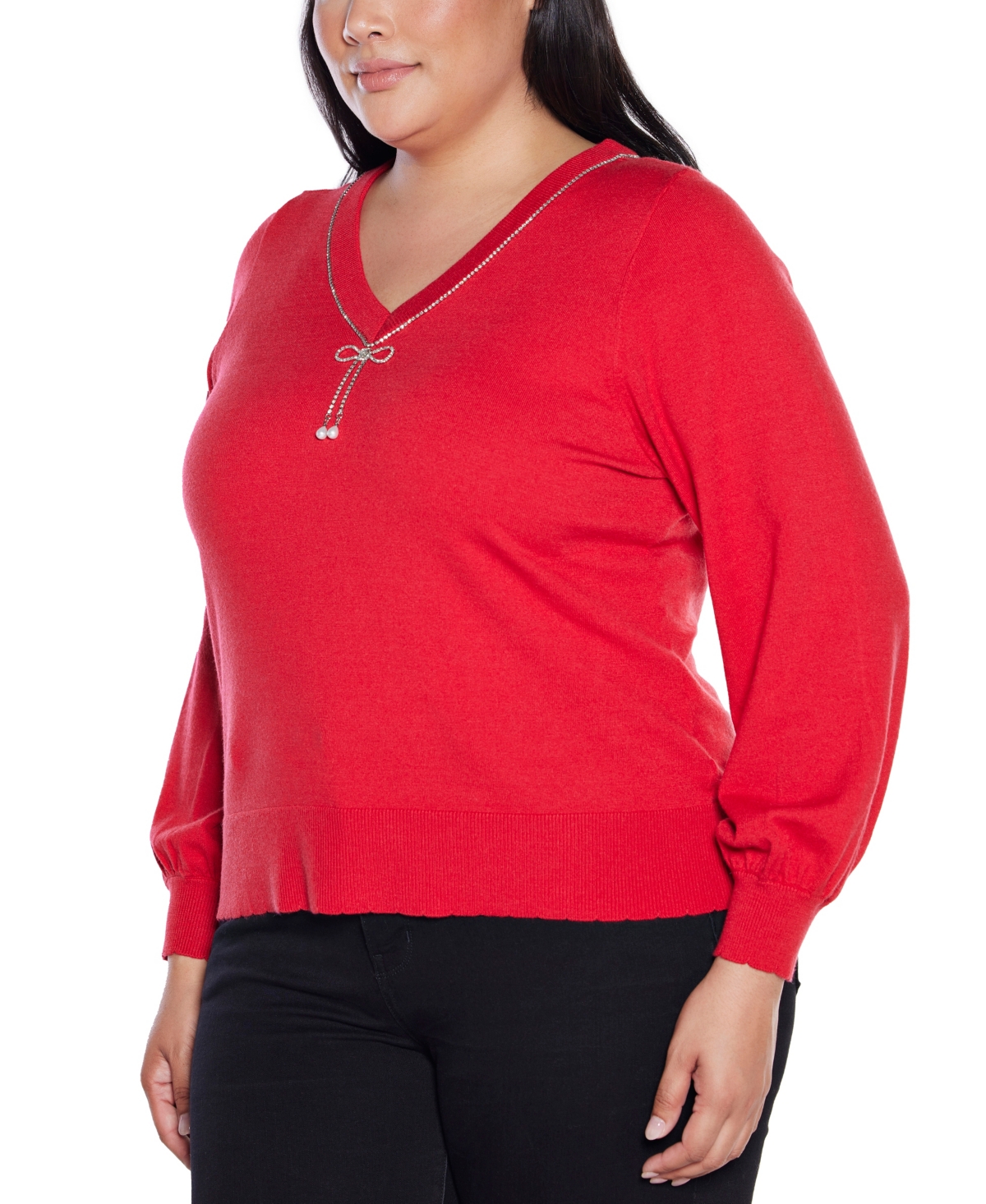 Belldini Plus V-Neck Rhinestone-Bow Sweater