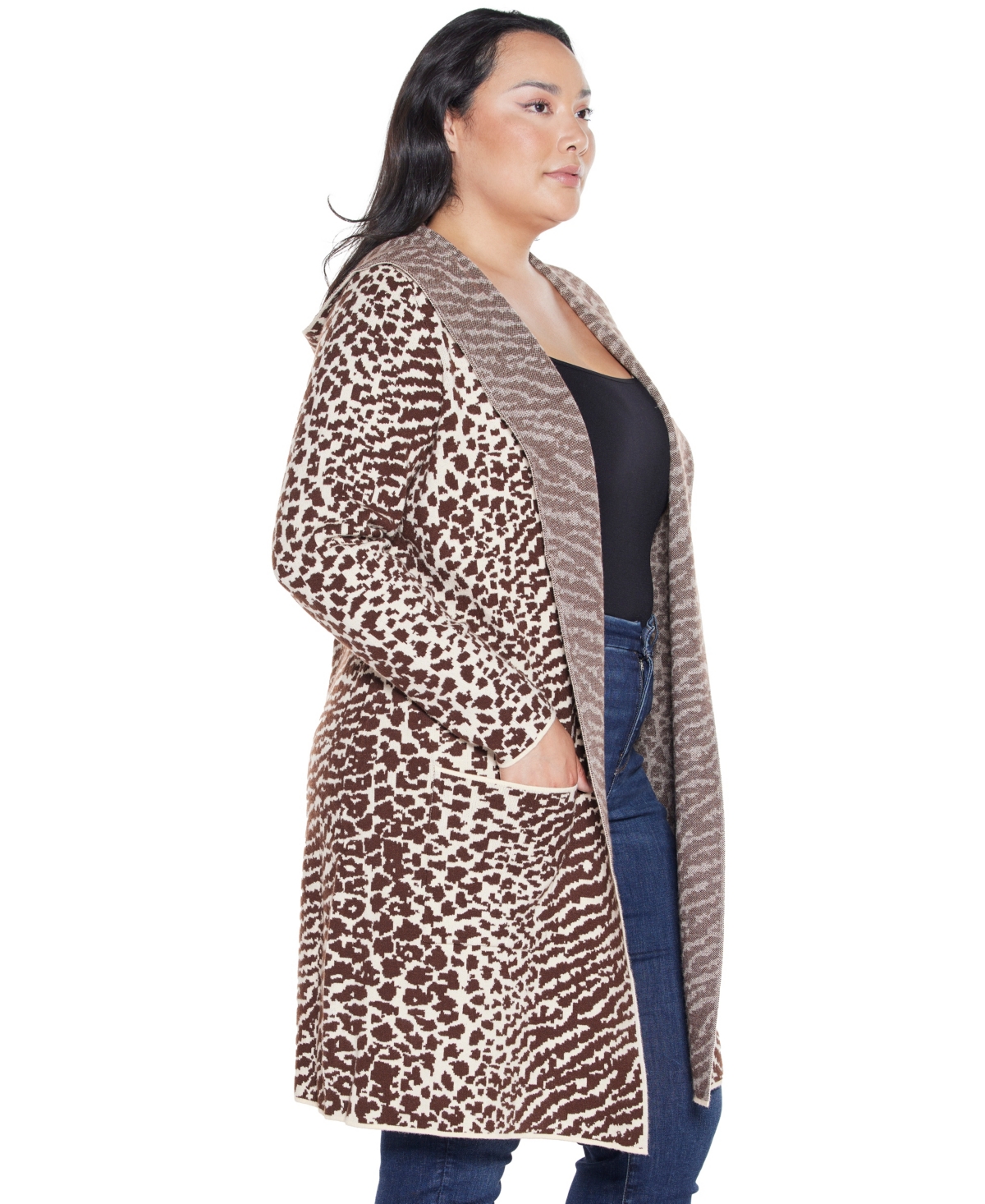 Belldini Plus Size Urban Safari Hooded Coatigan Sweater In Brown