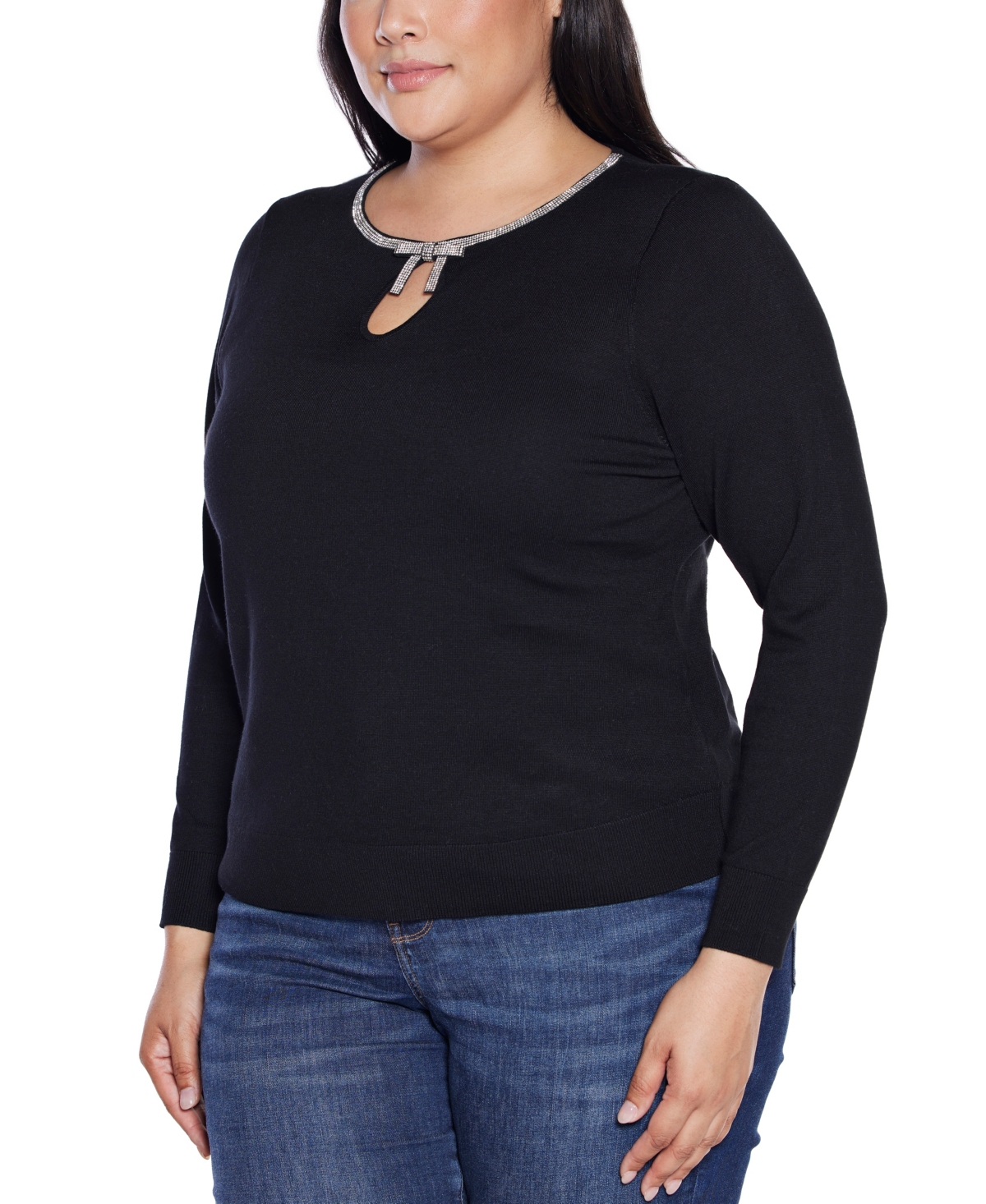Belldini Plus Size Women's Embellished Keyhole Crew Neck Sweater In Black
