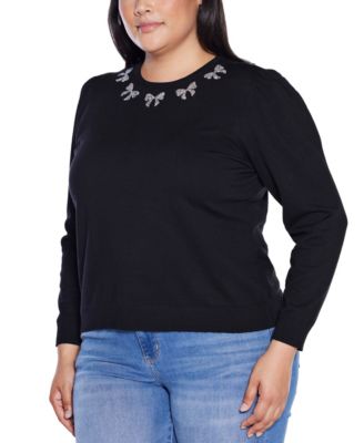 Plus Size  Puff Sleeve Embellished Neckline Sweater