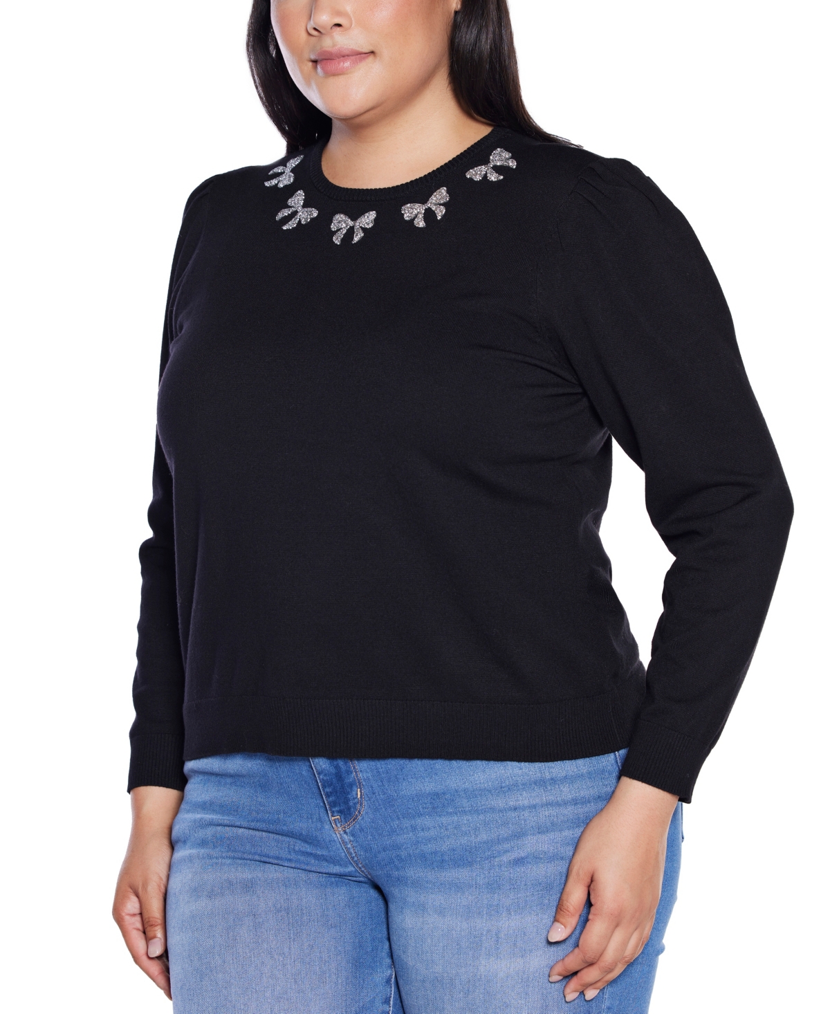 Belldini Plus Puff Sleeve Embellished Neckline Sweater