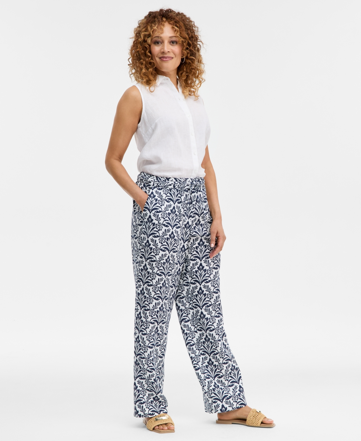 Charter Club Women's 100% Linen Tile Pull-On Wide-Leg Pants, Macy's Exclusive