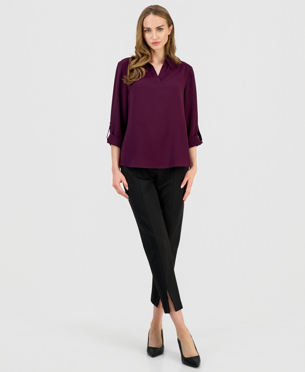 Ak Anne Klein Petite Collared Roll-tab-sleeve Shirt In Purple