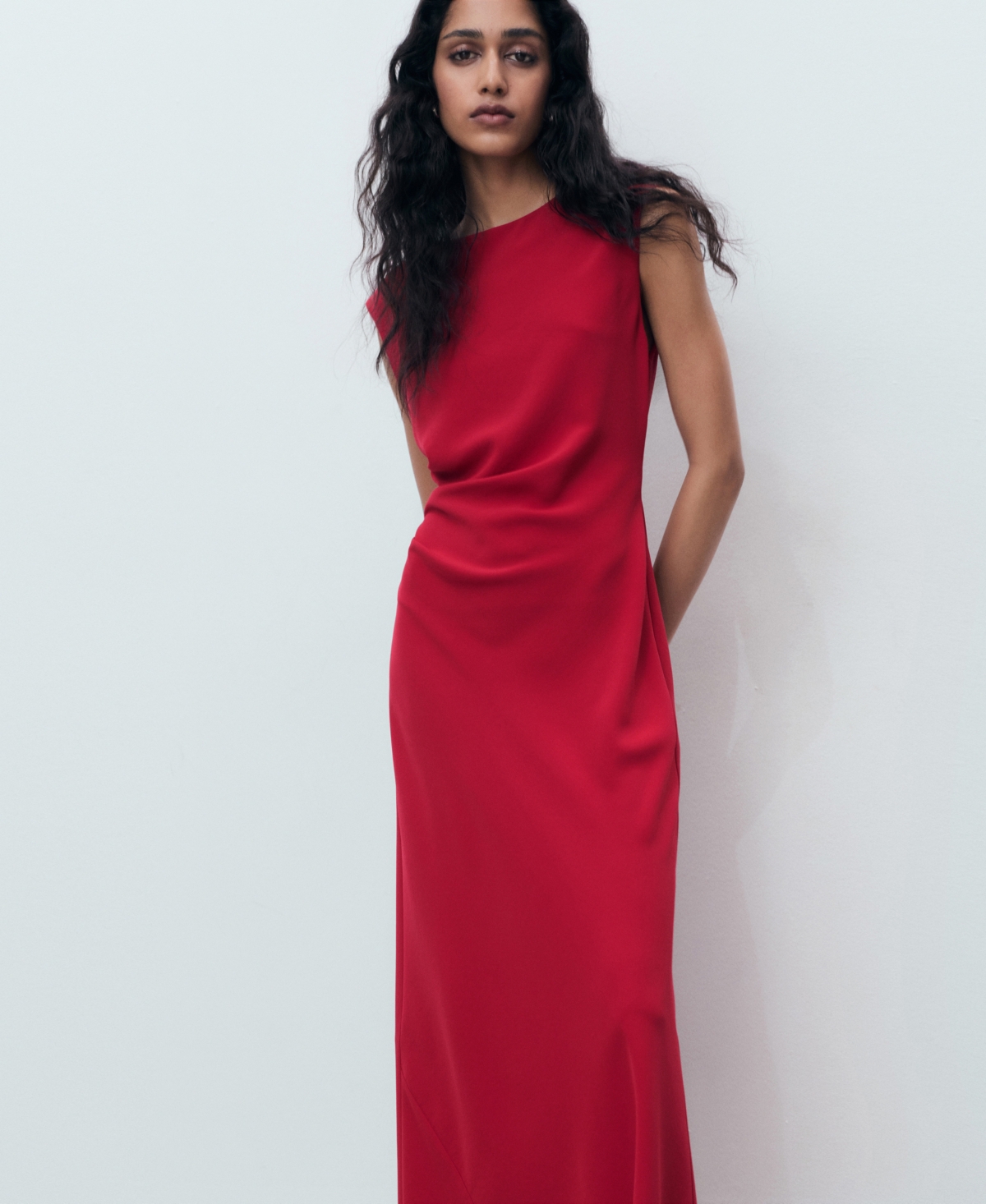 Mango Ruched Sleeveless Midi Dress In Red