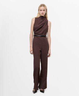 MANGO - Women's Draped Neck And Belt Long Jumpsuit