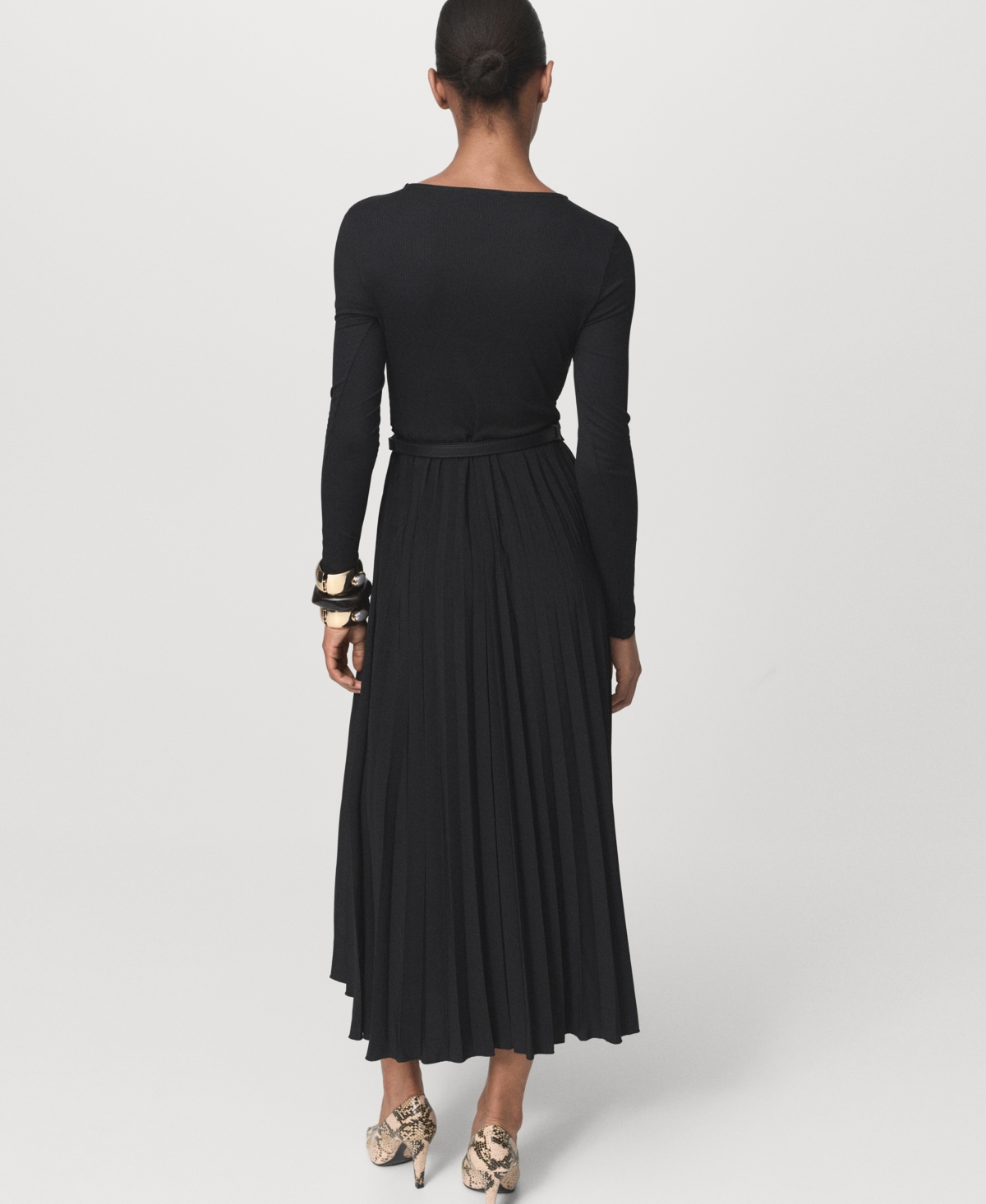 Mango Pleated Belted Maxi Dress In Black