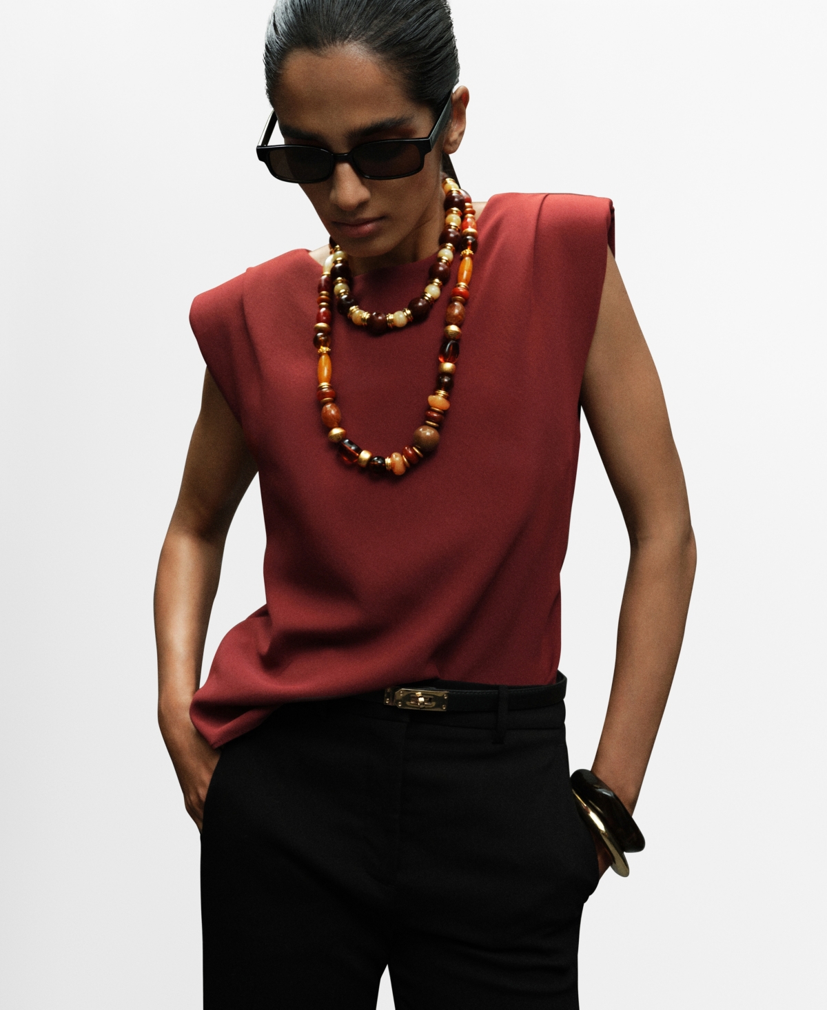 Mango Ruched Strong Shoulder Top In Red