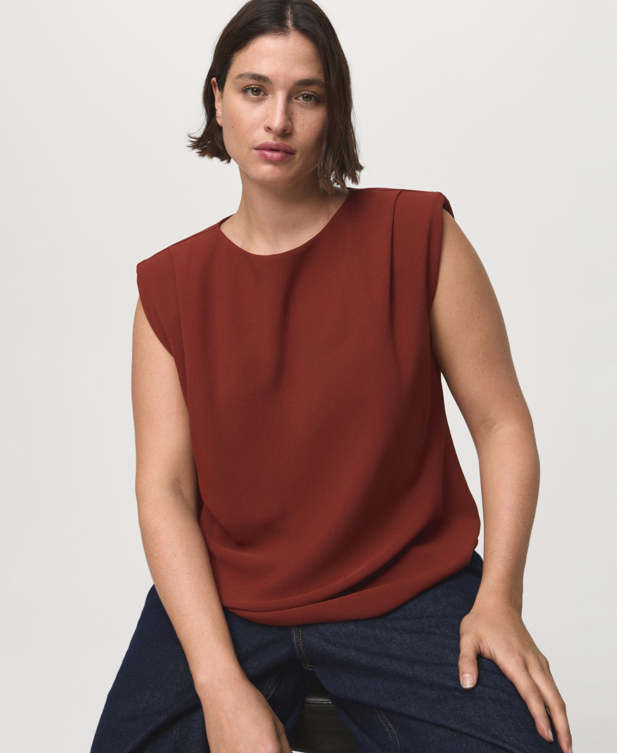 Mango Ruched Strong Shoulder Top In Red