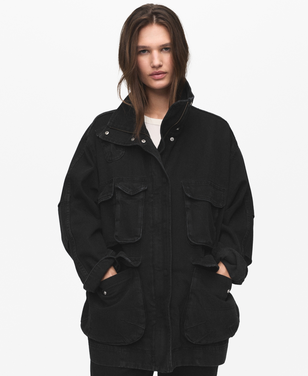 Mango Women's Pockets Oversized Denim Parka In Black
